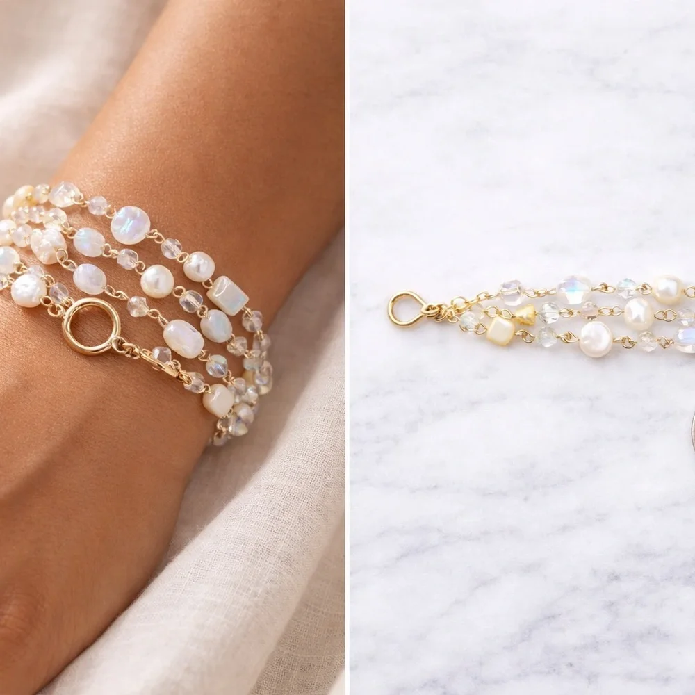 Cookie Lee Freshwater Pearl Moonstone Multi-Strand Bracelet Gold Toggle Crystal